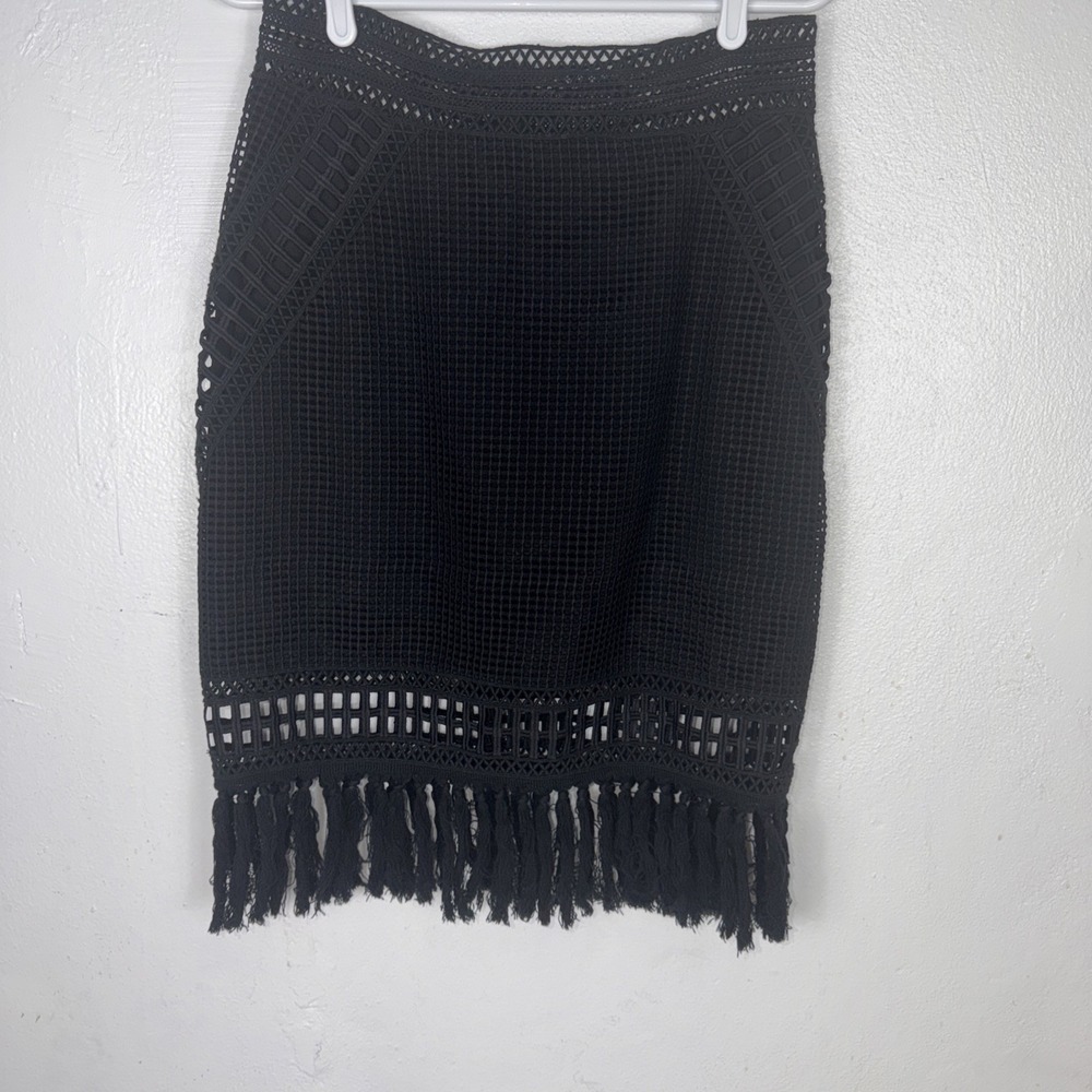 NWT‎ Jonathan Simkhai Black Crochet Knit Fringe Skirt size L